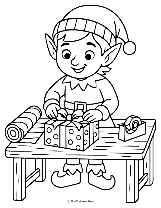 Elf wrapping a present at table coloring page.