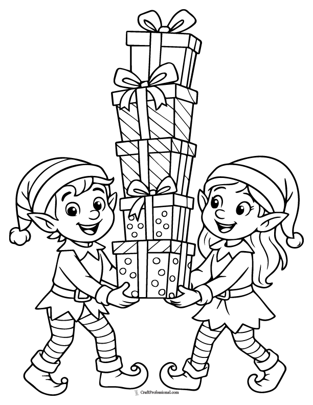 Elves carrying stacked Christmas gifts coloring page.