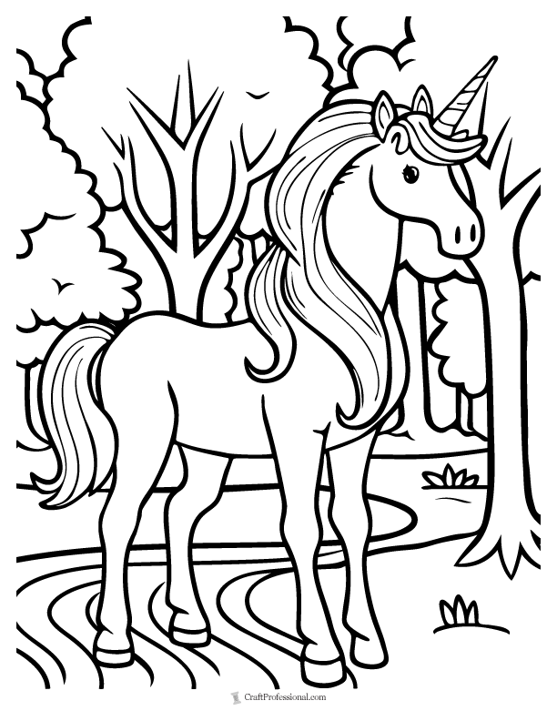 Coloring page - unicorn in an enchanted forest
