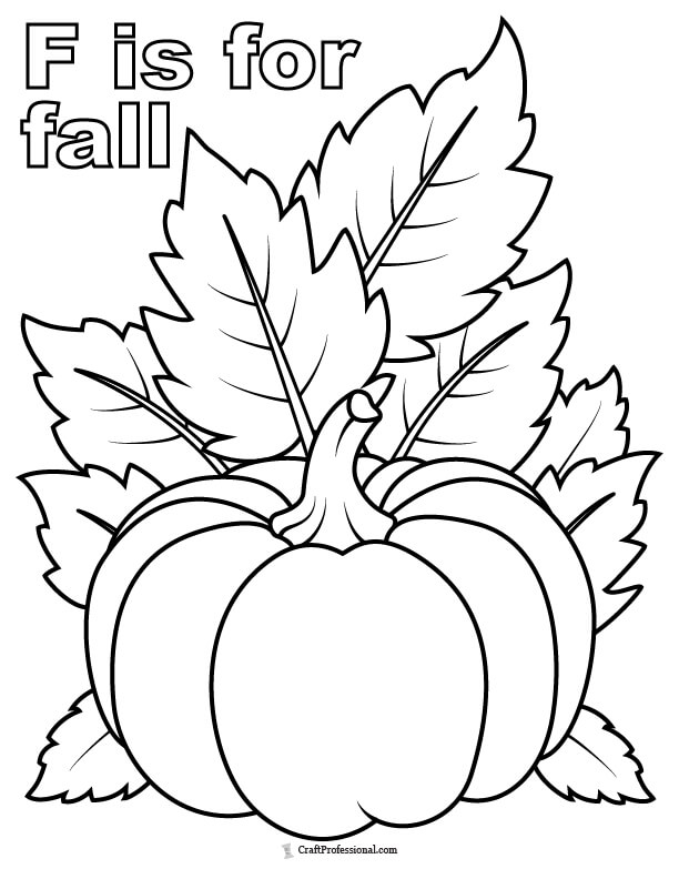 Pumpkin with leaves and text "F is for fall" coloring page