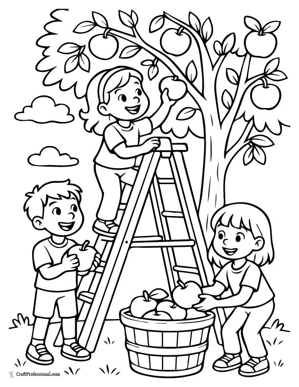 One child on a ladder and two children on the ground, picking apples from an apple tree coloring page