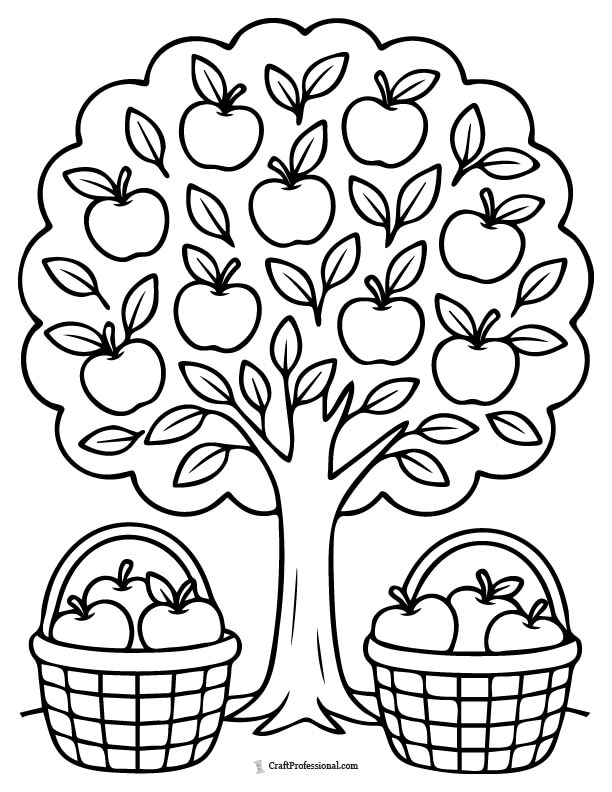 Apple tree with harvest baskets coloring sheet