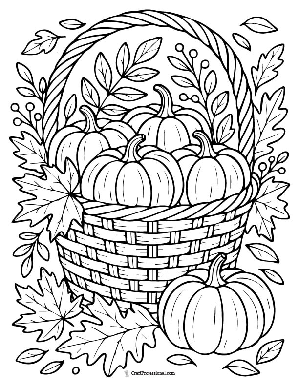 Basket full of pumpkins and surrounded by fall leaves coloring page