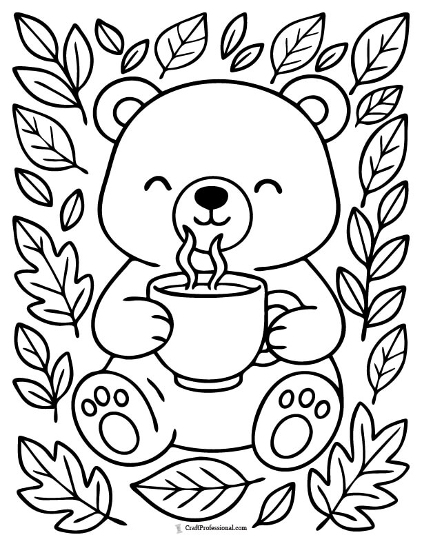 Cute bear holding a cup of hot cocoa, surrounded by leaves, coloring page