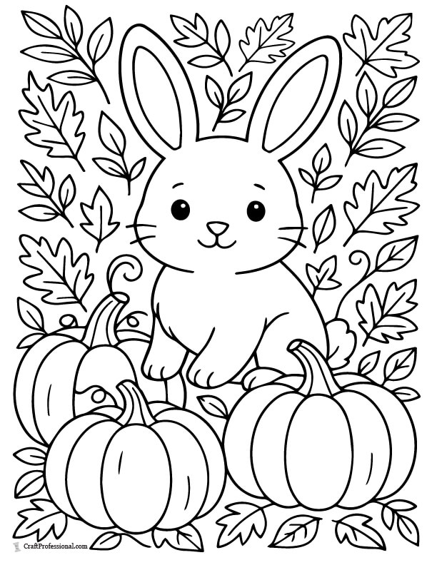 Bunny surrounded by pumpkins and leave coloring page