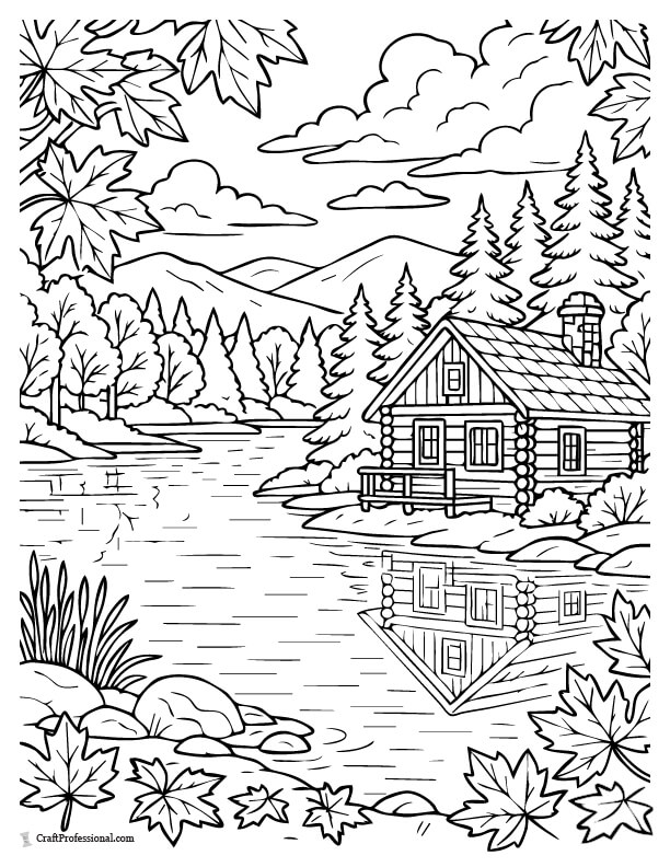 Detailed cabin on a lake in fall coloring page