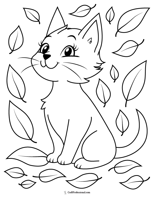 Cat with fall leaves coloring pages