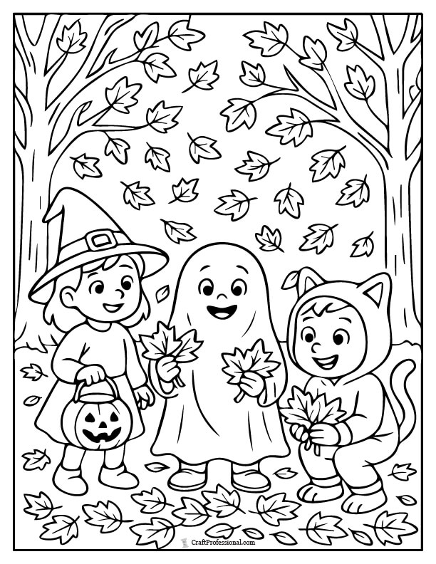 Three kids wearing Halloween costumes collecting autumn leaves in a forest coloring page