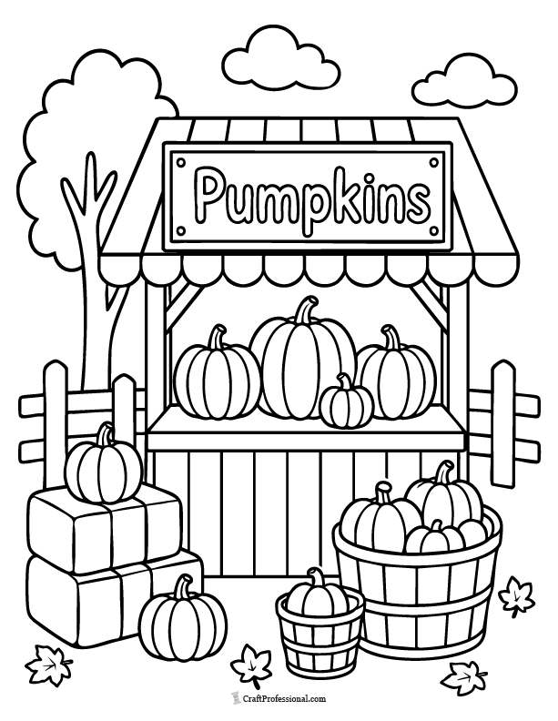 Fall festival pumpkin stand coloring page with pumpkins, hay bales, and autumn decorations.