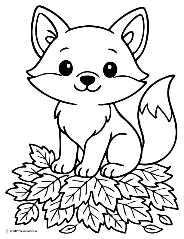 Cute baby fox stting on a pile of leaves coloring sheet