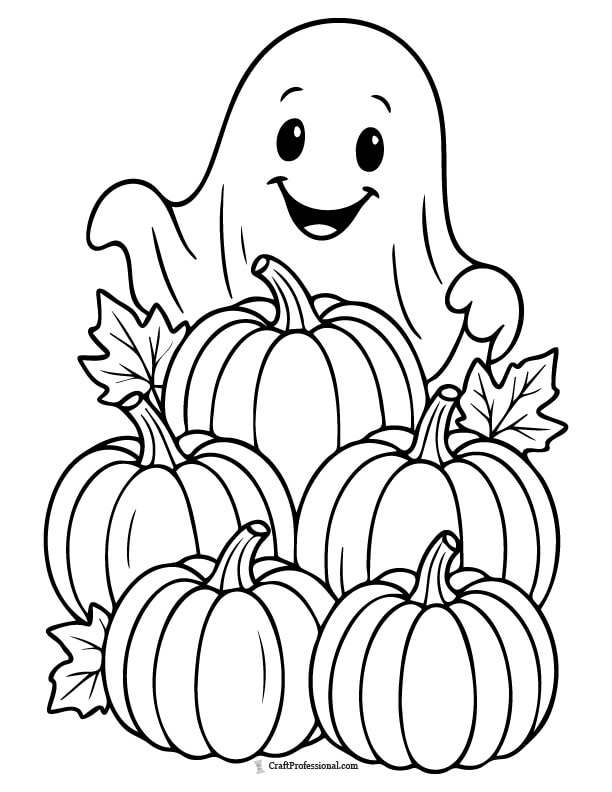 Smiling ghost behind a pile of pumpkins coloring sheet