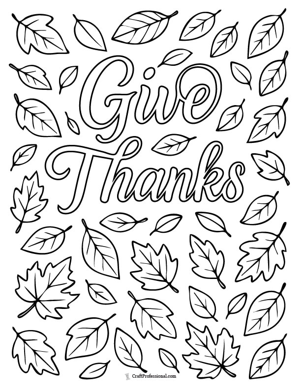 text "Give Thanks" surrounded by leave, fall coloring page