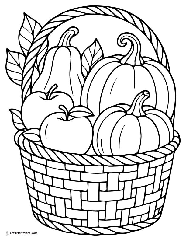 Woven basket full of pumpkins, apples, and squash coloring page