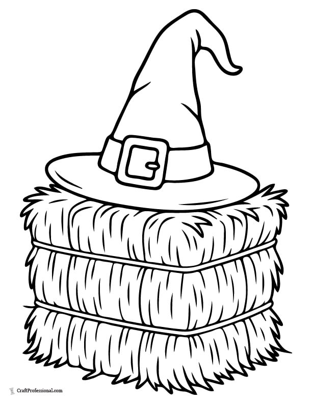 Witch's hat sitting on top of bale of hay coloring page