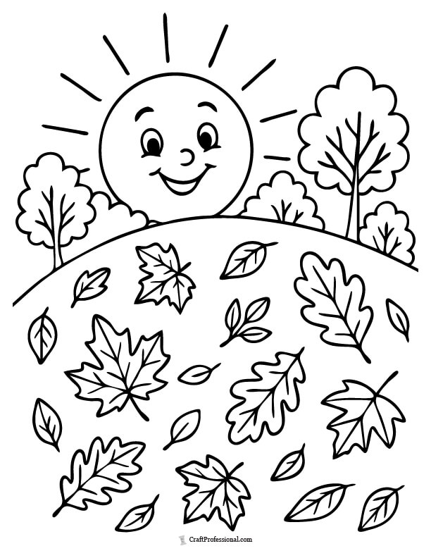 Sun shining over hill with fall leaves coloring page