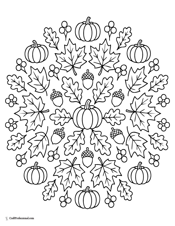 Detailed fall mandala coloring page made with maple and oak leaves, acorns, berries, and small pumpkins.