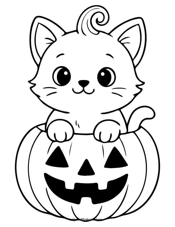 Cute kitten sitting in a jack o'lantern coloring page
