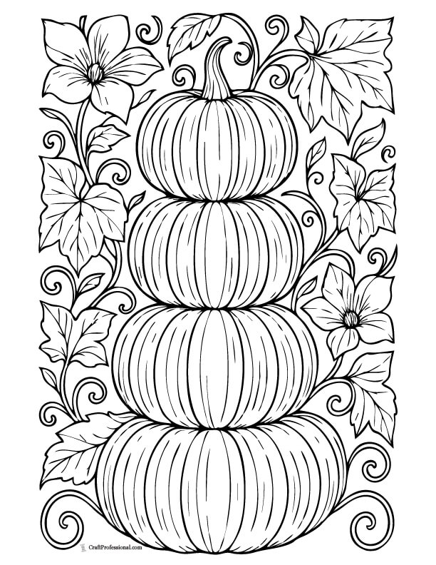 Detailed coloring page of a stack of four pumpkins surrounded by vines