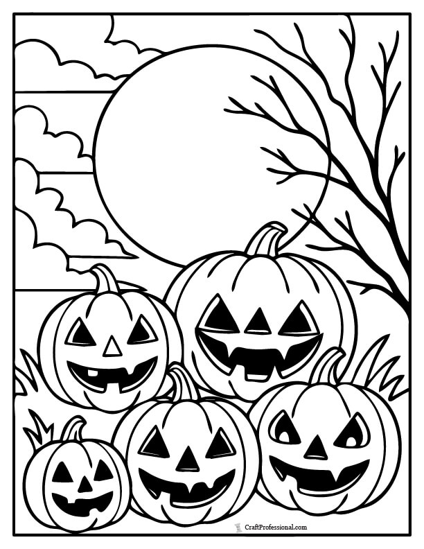 Five jack o'lanterns under a big full moon coloring sheet