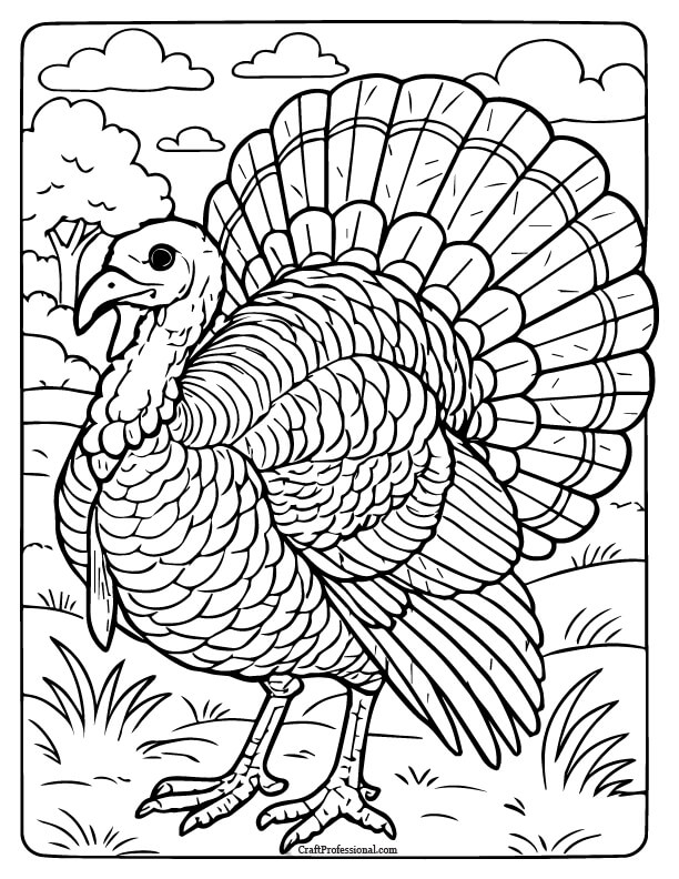 Detailed, realistic turkey outdoors coloring page