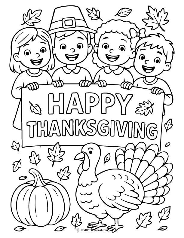 Children holding a banner with text "Happy Thanksgiving" coloring page