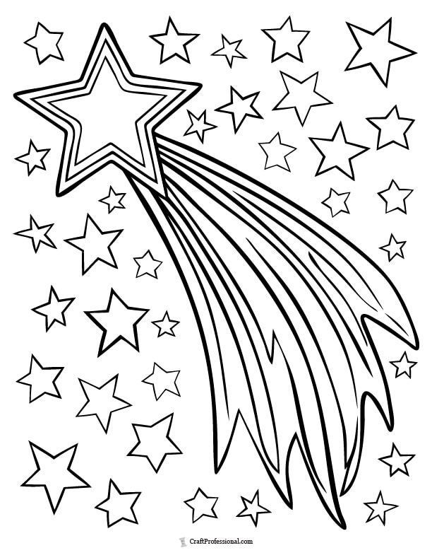 Falling star surrounded by more stars coloring sheet
