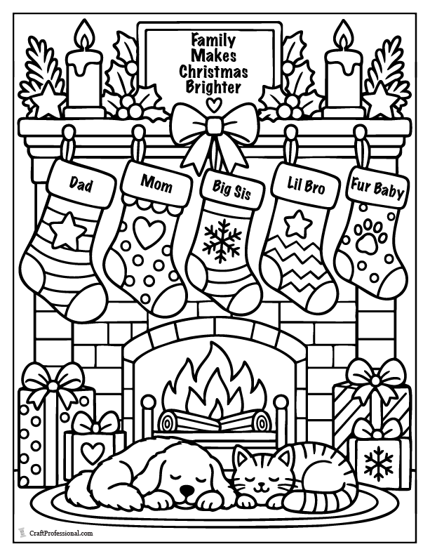 Family Christmas stockings coloring page with customizable stockings and spaces to represent family members.