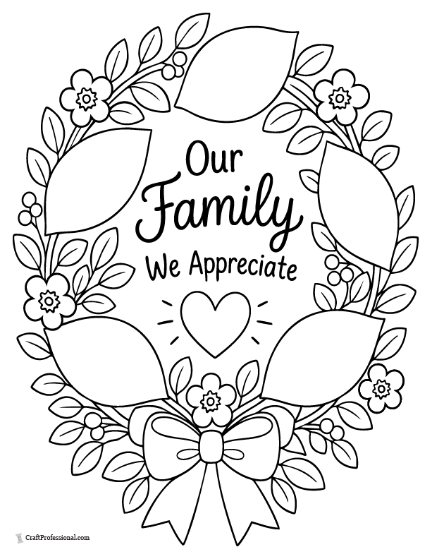 Thanksgiving gratitude wreath coloring page with blank leaves where family members can write what they appreciate.