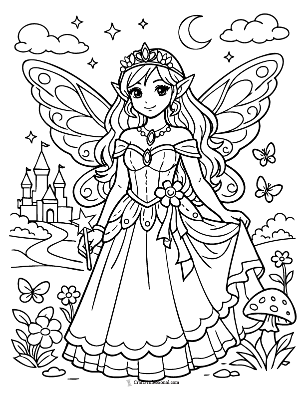 Fairy princess coloring page with wings