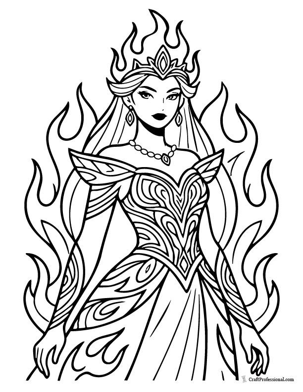 Fire princess coloring page with flame patterns