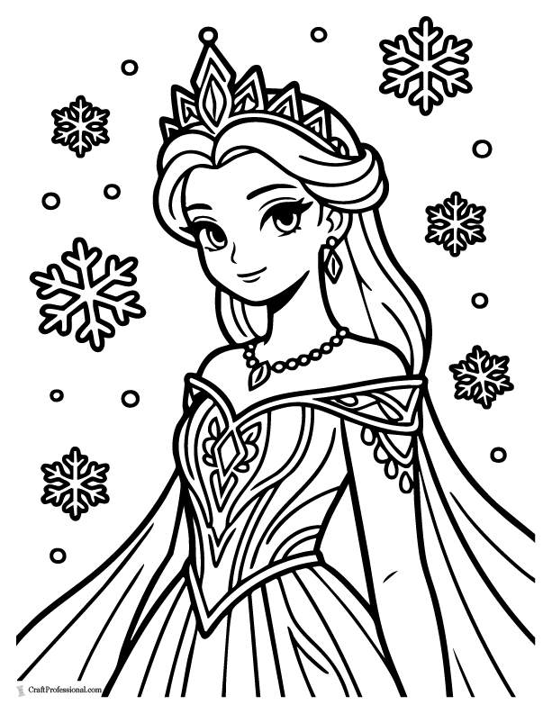 Ice princess coloring page with snowflakes