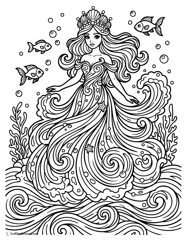 Ocean princess coloring page with flowing water dress