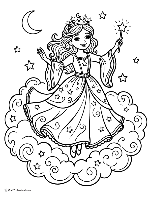 Fantasy princess coloring page floating on clouds