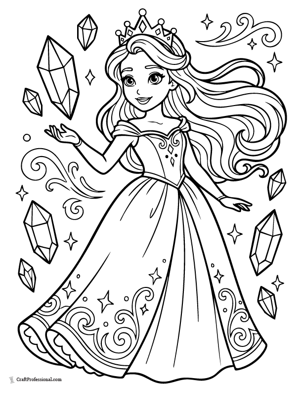 Fantasy princess coloring page with floating crystals