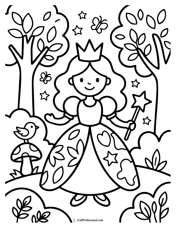 Fantasy princess coloring page in an enchanted forest