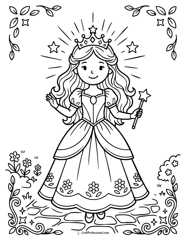 Fantasy princess coloring page with a glowing aura