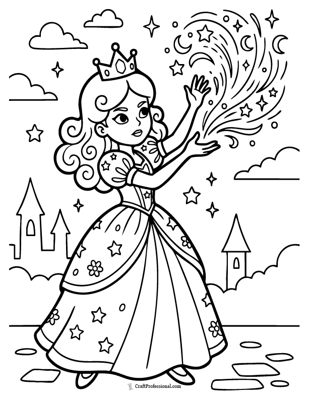 Fantasy princess coloring page casting a magic spell