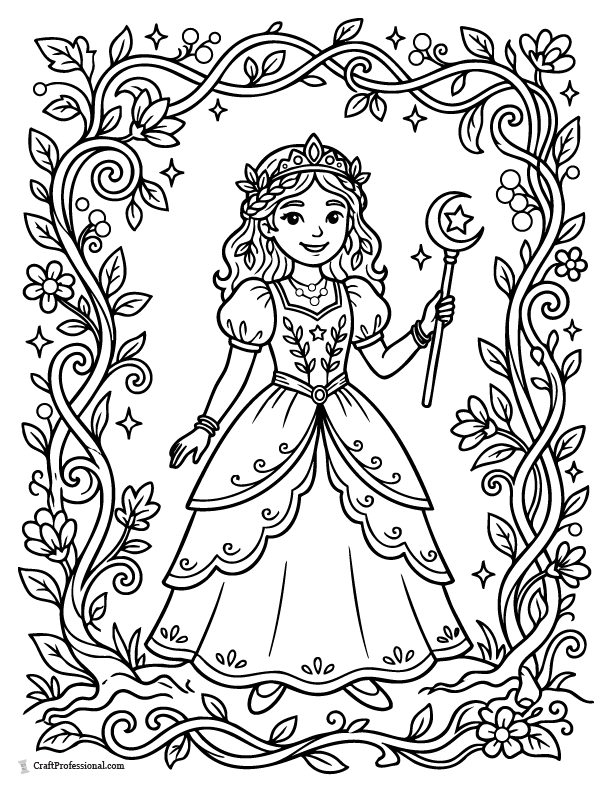 Fantasy princess coloring page surrounded by magical vines