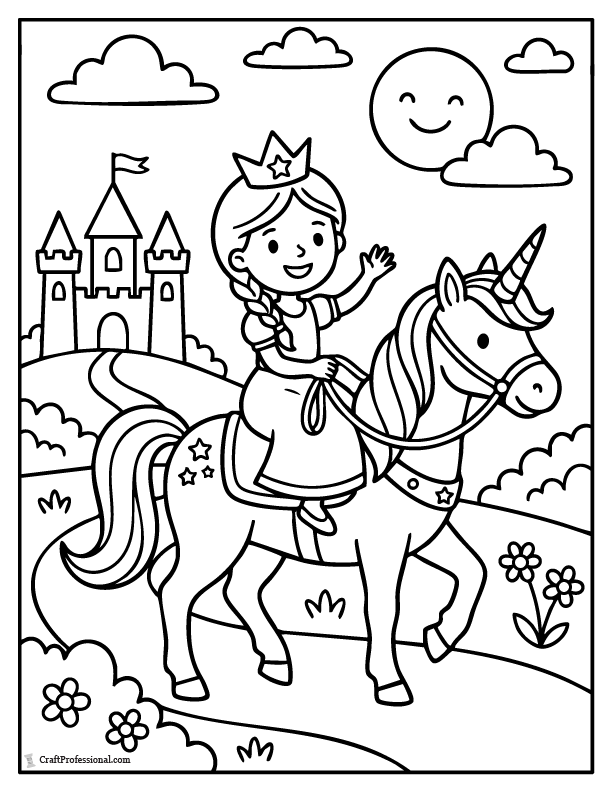 Fantasy princess coloring page riding a unicorn