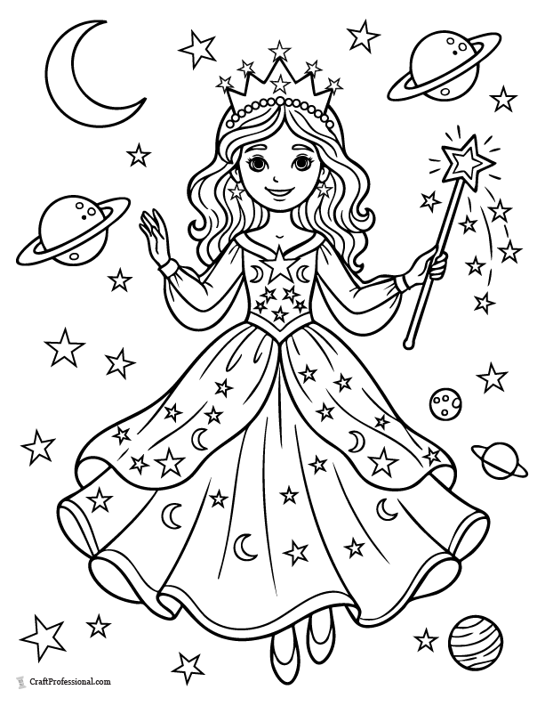 Star princess coloring page with space theme