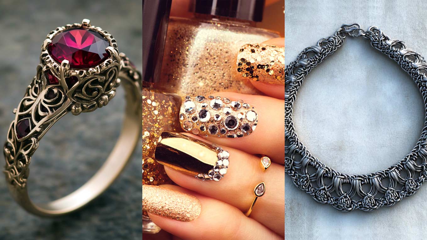 Mythical and fantasy trend for 2025 - antique-style ruby ring, golden goddess manicure, and chainmail statement necklace.