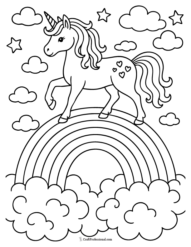 Unicorn coloring page of a unicorn walking across a sparkling rainbow bridge with clouds. Unicorn coloring page of a unicorn walking across a sparkling rainbow bridge with clouds.