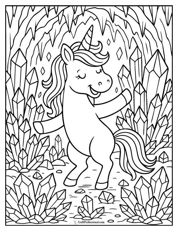 Magical unicorn coloring page prancing inside a crystal cave with sparkling gems. Magical unicorn coloring page prancing inside a crystal cave with sparkling gems.