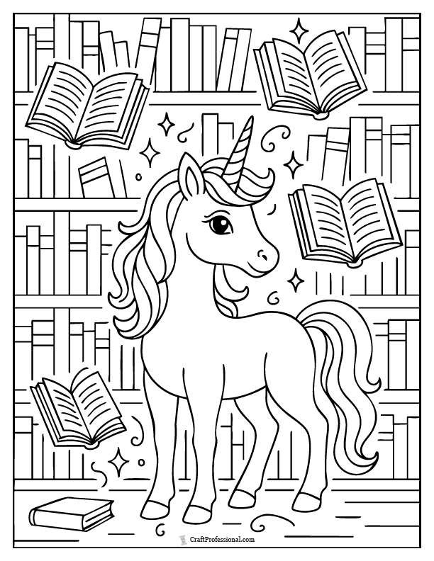 Whimsical unicorn coloring page surrounded by floating, open magic books.