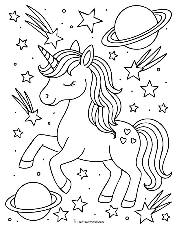 Space fantasy unicorn coloring page with shooting stars and planets with rings.