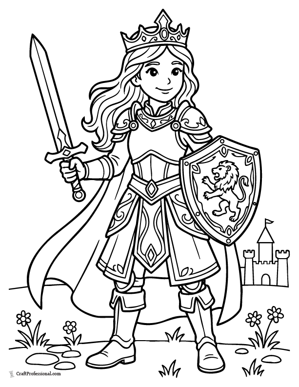 Warrior princess coloring page with a sword and crown
