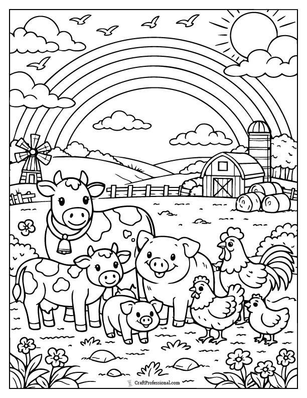 Farm animal rainbow coloring page featuring cows, pigs, and chickens.