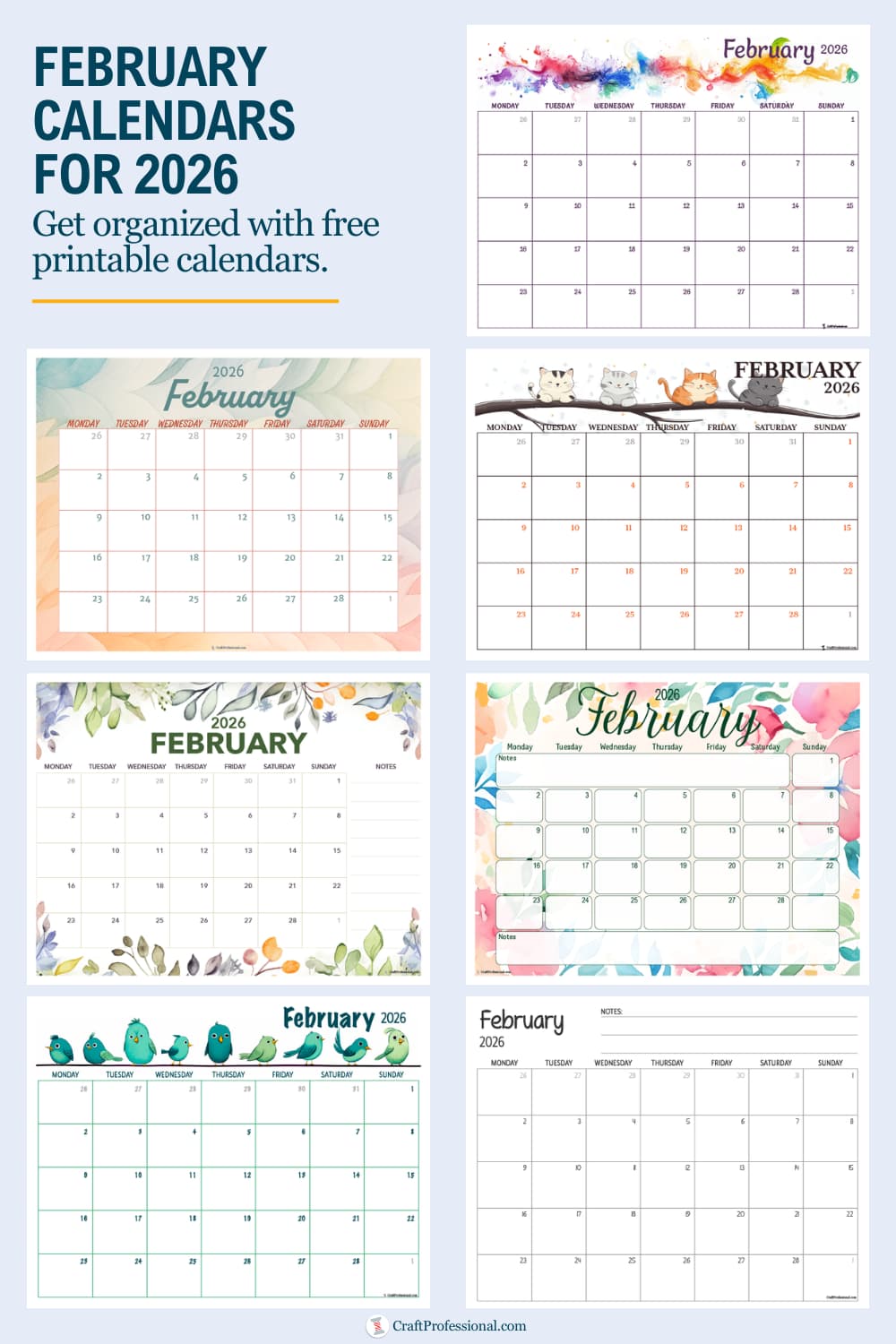 Collage of free printable February 2026 monthly calendars in floral, colorful, cute, and minimalist styles; ‘February calendars for 2026. Get organized with free printable calendars' text overlay.