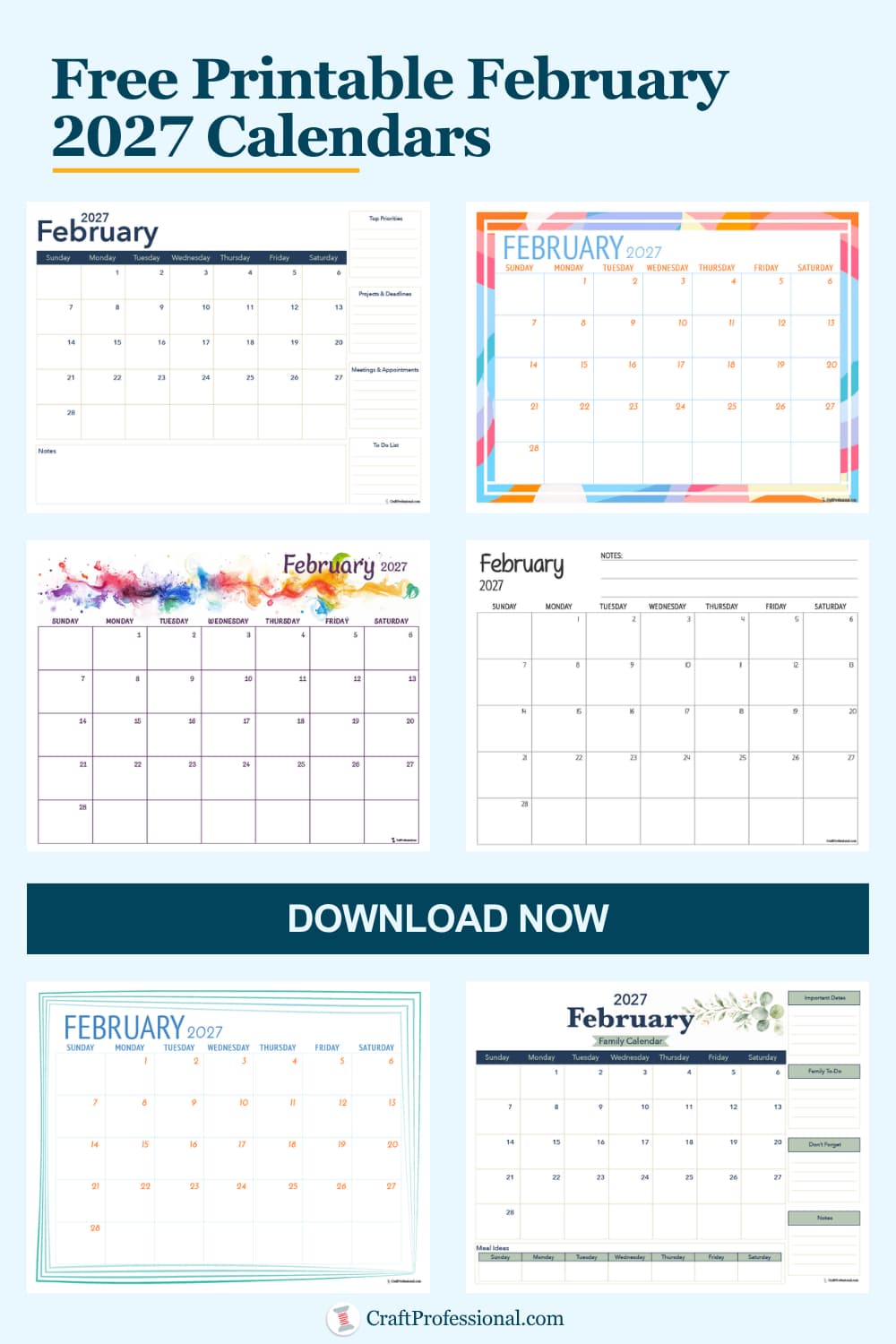 Printable February 2027 calendar with text overlay reading "Free Printable February 2027 Calendars."