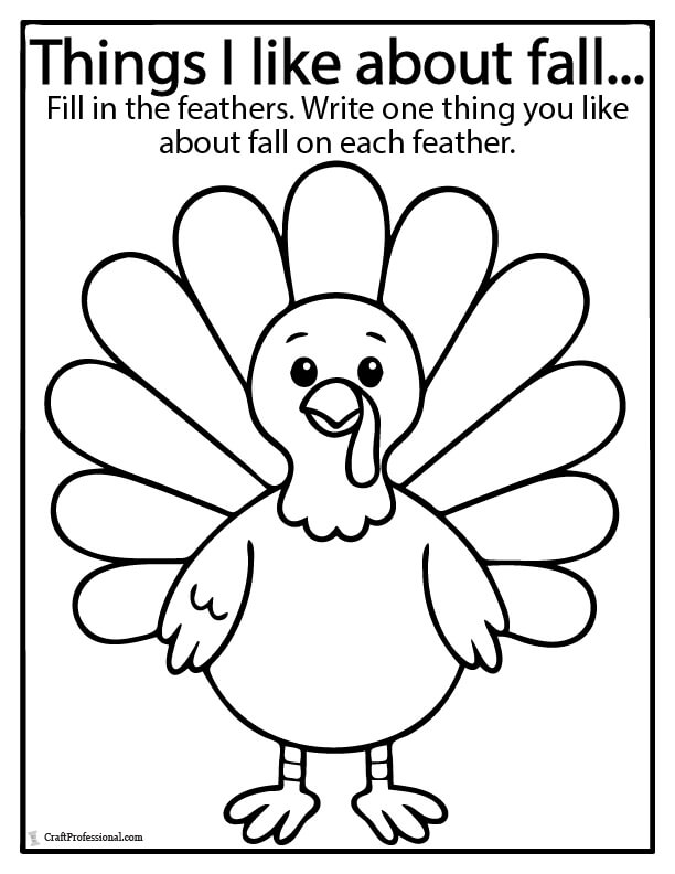 Cute cartoon turkey with large tail feather and prompt to write things I like about fall on each feather